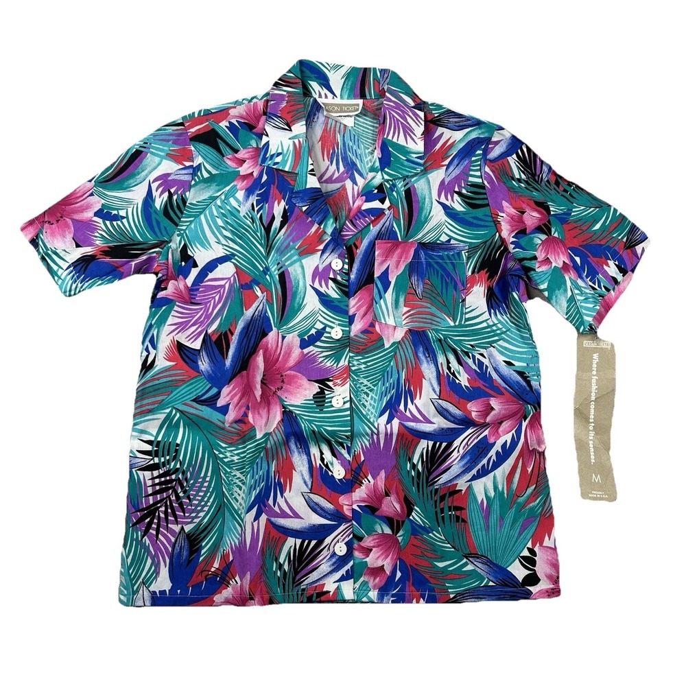 Vintage Season Ticket Shirt Women M Hawaiian Aloha Tiki Floral Tropical 80s USA
